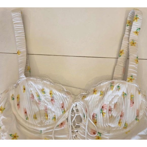 For Love Lemons Floral‎ Ruched Corset Mini Dress Coquette Lace Up XS - Picture 4 of 16